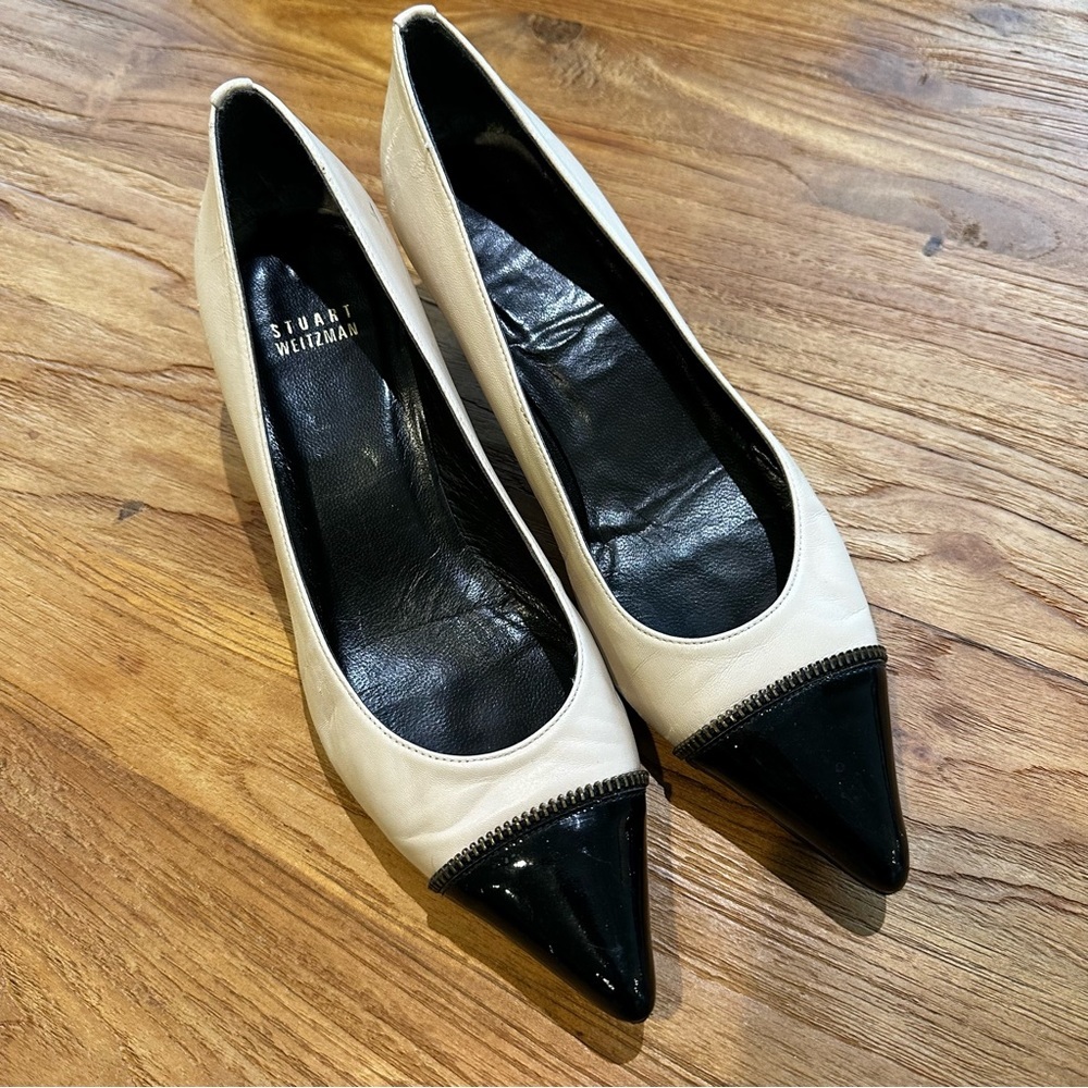 Stuart Weitzman Women’s Two Tone Leather Patent Spectator Kitten Heels Pointed 8